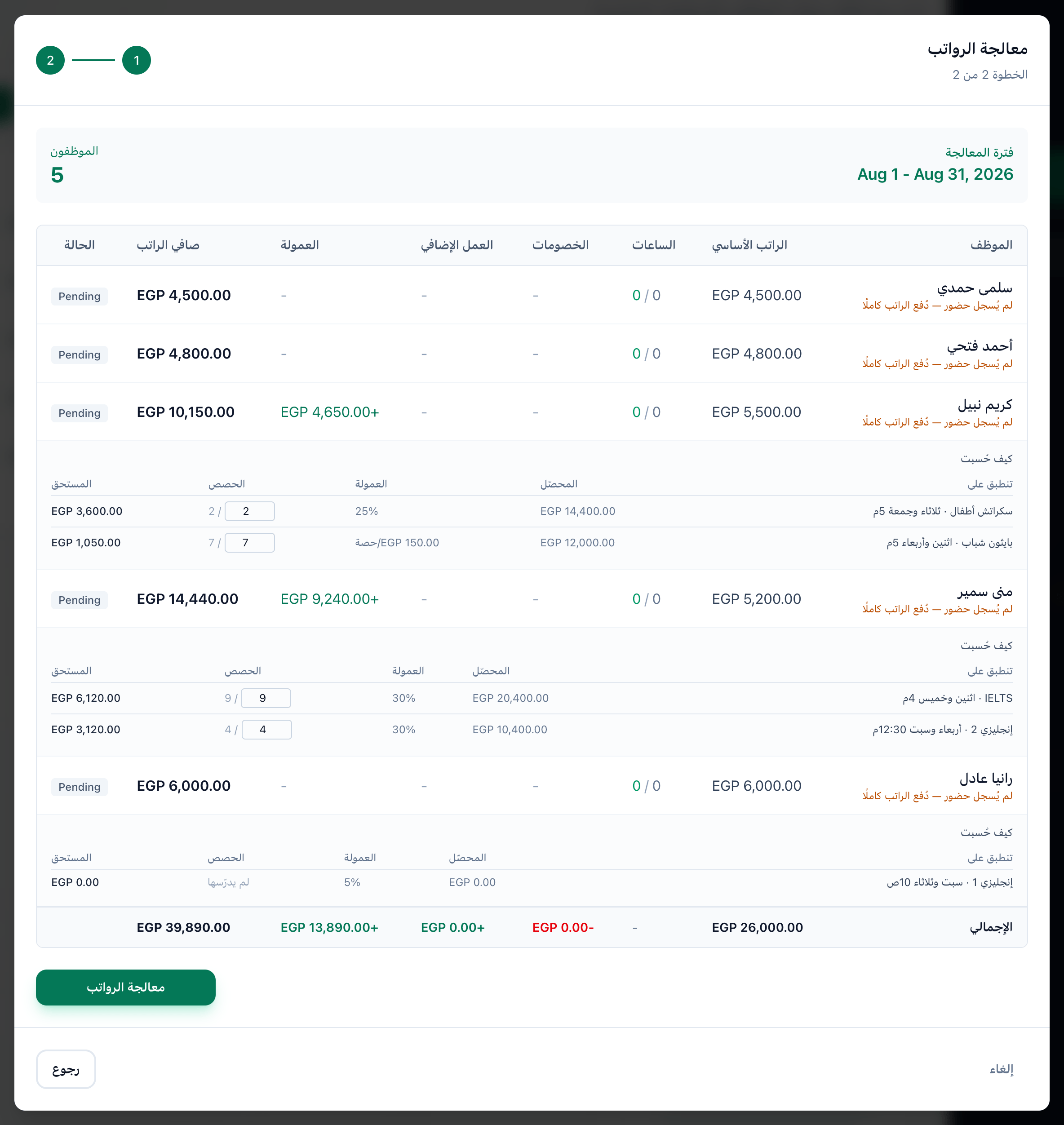 الخطوة الثانية من معالجة الرواتب، وعليها جدول الرواتب وطريقة حساب عمولة أحد الموظفين وزر معالجة الرواتب
