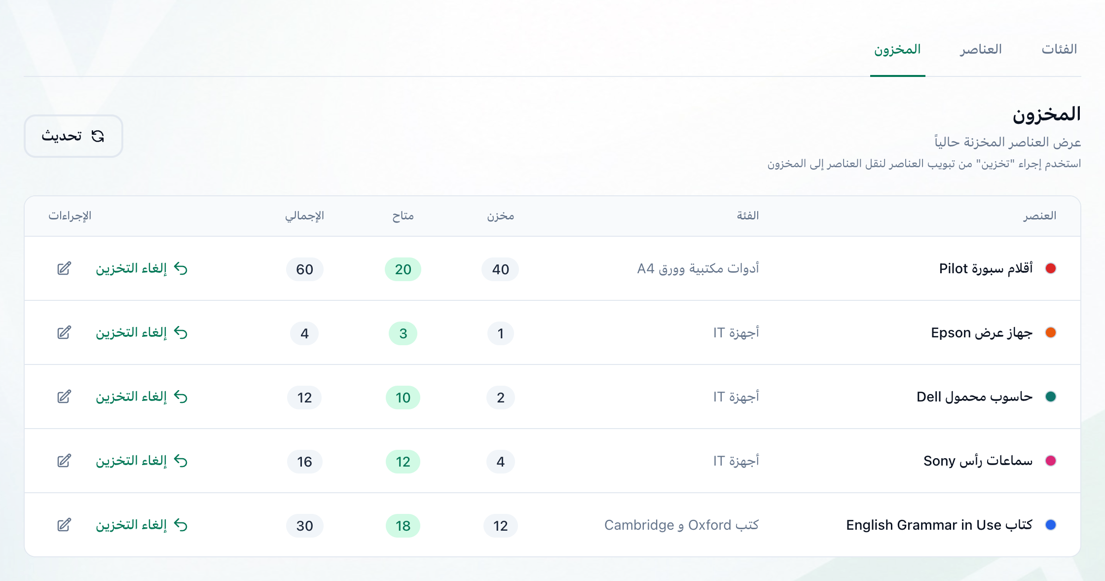 تبويب المخزون يعرض العناصر المخزنة، مع إبراز التبويب وزر إلغاء التخزين في الصف الأول