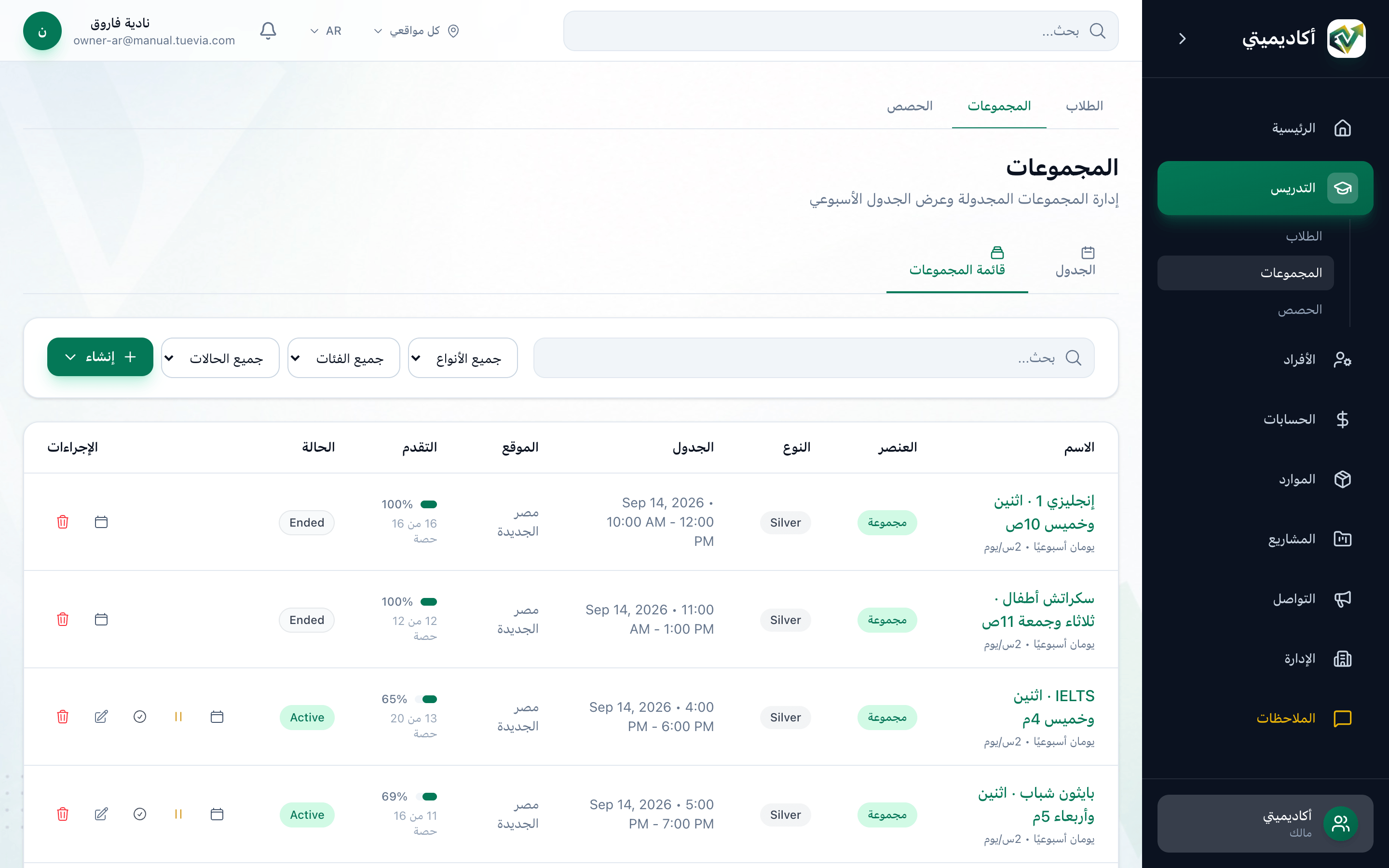 تبويب قائمة المجموعات، وقد حُدد التبويب وحقل البحث والفلاتر الثلاثة واسم أول مجموعة