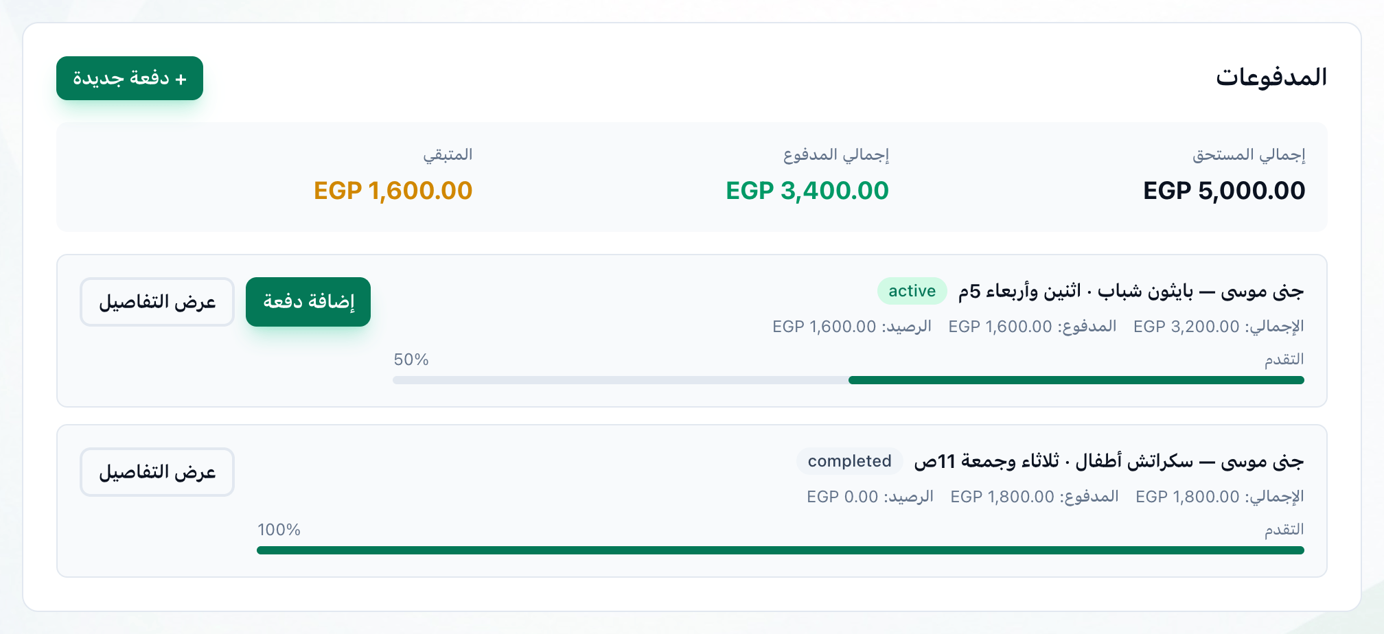 بطاقة المدفوعات، وقد أُبرزت الإجماليات وزر إضافة دفعة وزر عرض التفاصيل