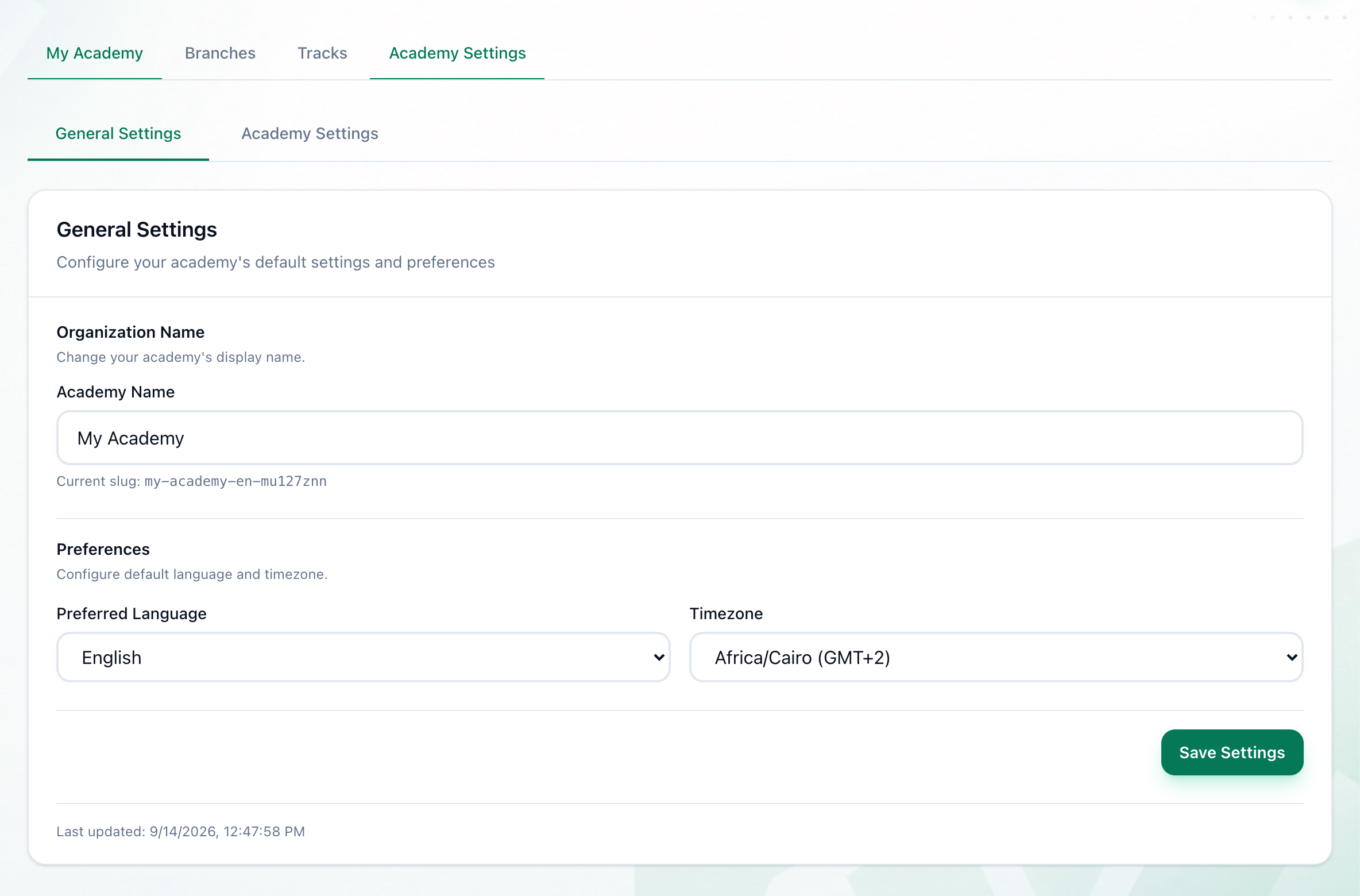 The General Settings tab of Academy Settings, with the tabs, Academy Name, Preferred Language, Timezone and the Save Settings button highlighted