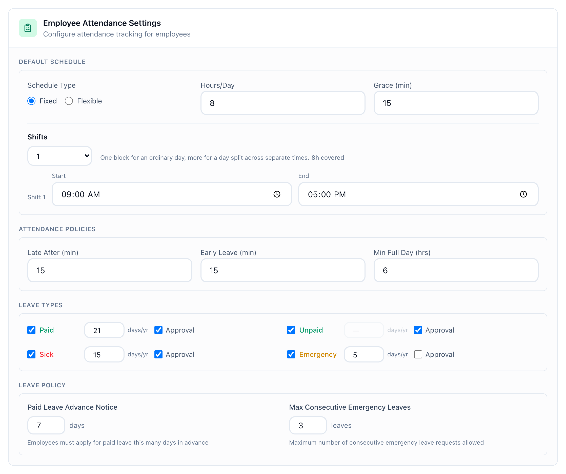 Employee Attendance Settings, with Default Schedule, Attendance Policies, Leave Types and Leave Policy