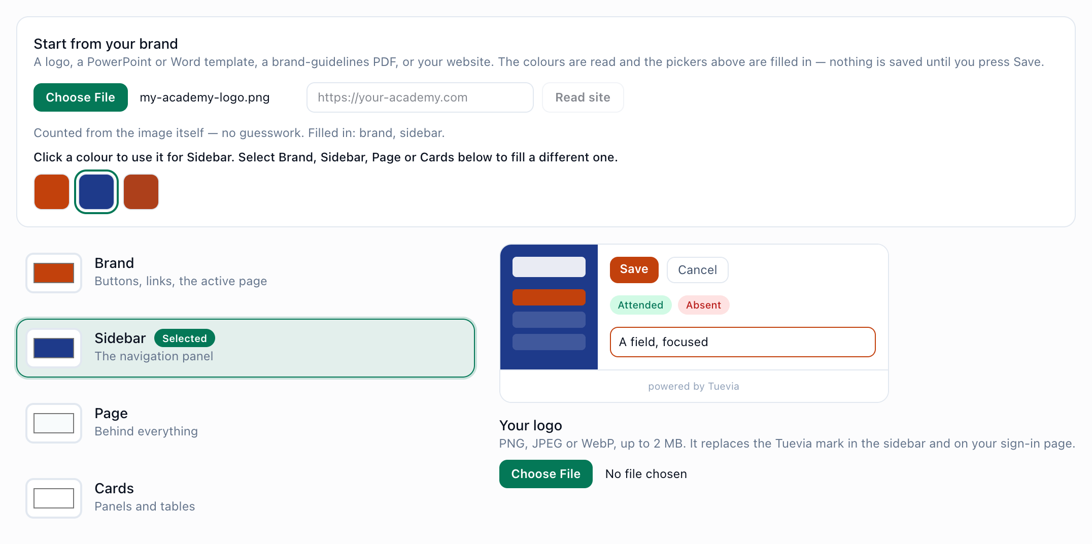 The colours found in a logo: a line saying what was filled in, the Sidebar row selected, and the colours found, highlighted, with the preview in the new colours