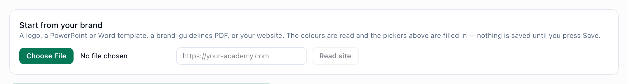 The Start from your brand box, with the file chooser, the website field and the Read site button highlighted