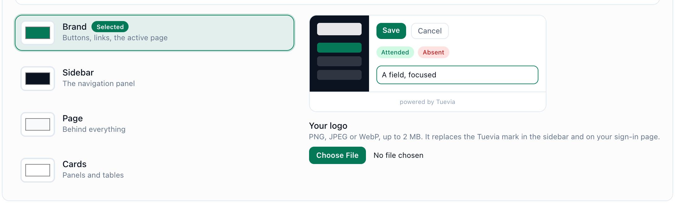 Your colours on the Academy Settings tab: the Brand, Sidebar, Page and Cards rows, and the preview beside them, highlighted