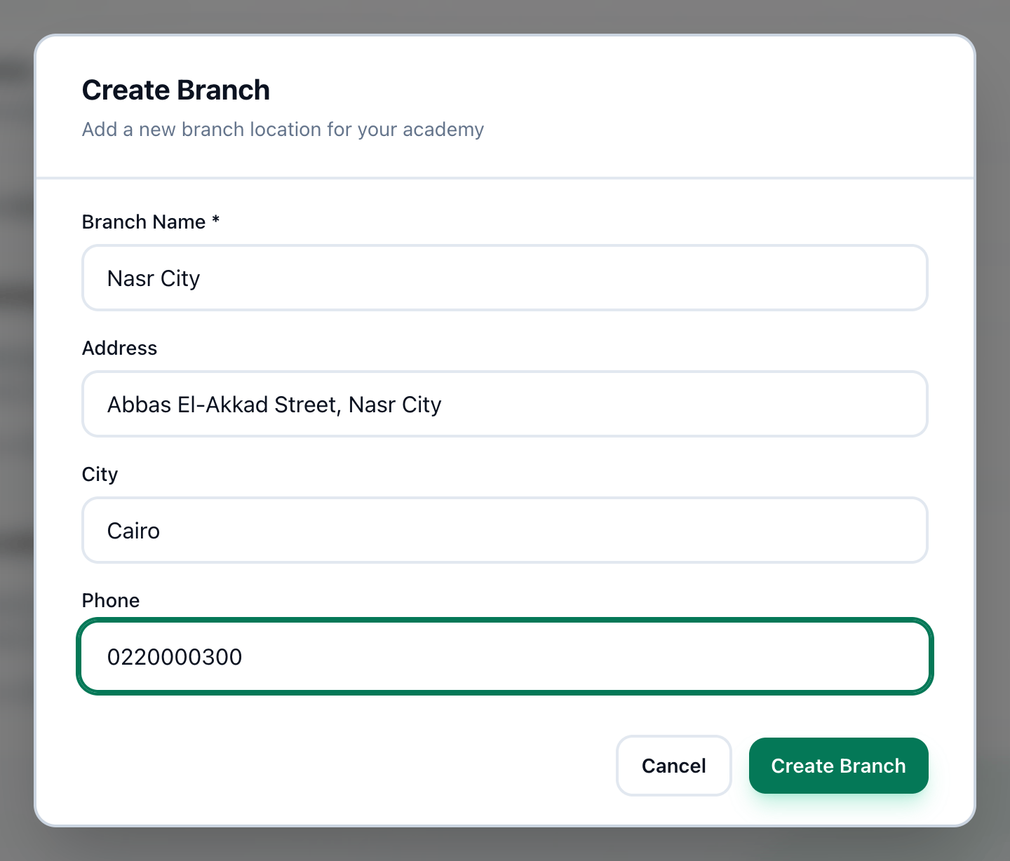 The Create Branch dialog filled in for a branch called Nasr City, with its fields and the Create Branch button highlighted