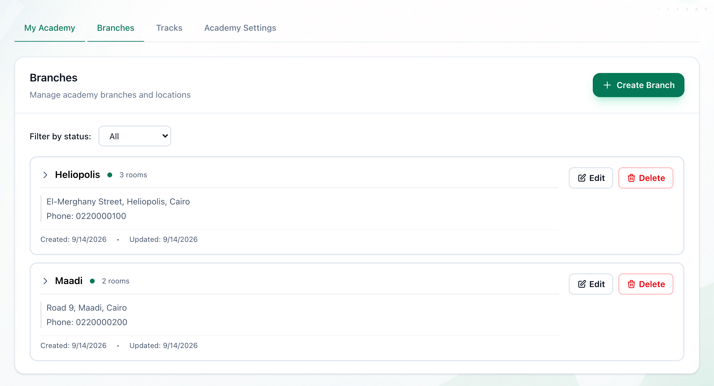 The Branches page listing Heliopolis and Maadi, with the Create Branch button highlighted