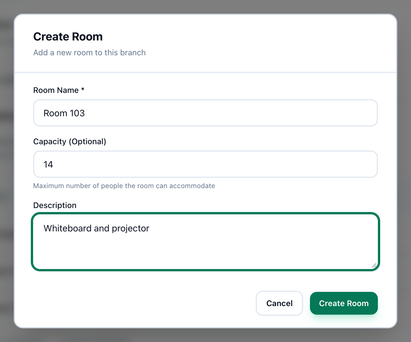 The Create Room dialog filled in for Room 103, with its fields and the Create Room button highlighted