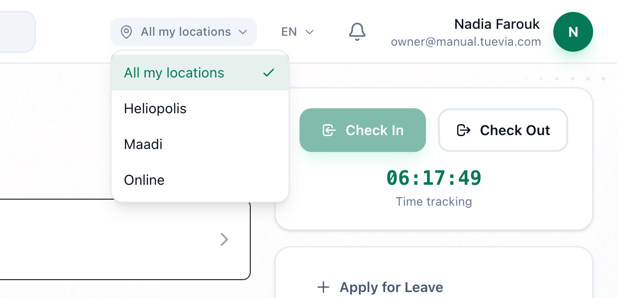 The location menu open at the top of the screen, listing All my locations, the academy's branches and Online