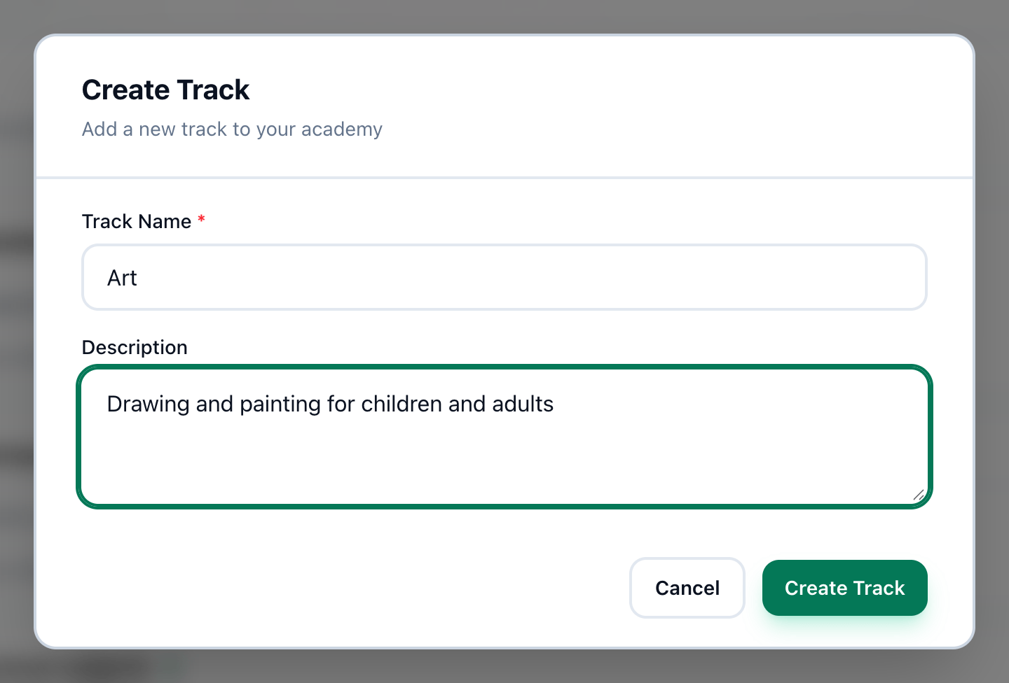 The Create Track dialog filled in for a track called Art, with its fields and the Create Track button highlighted