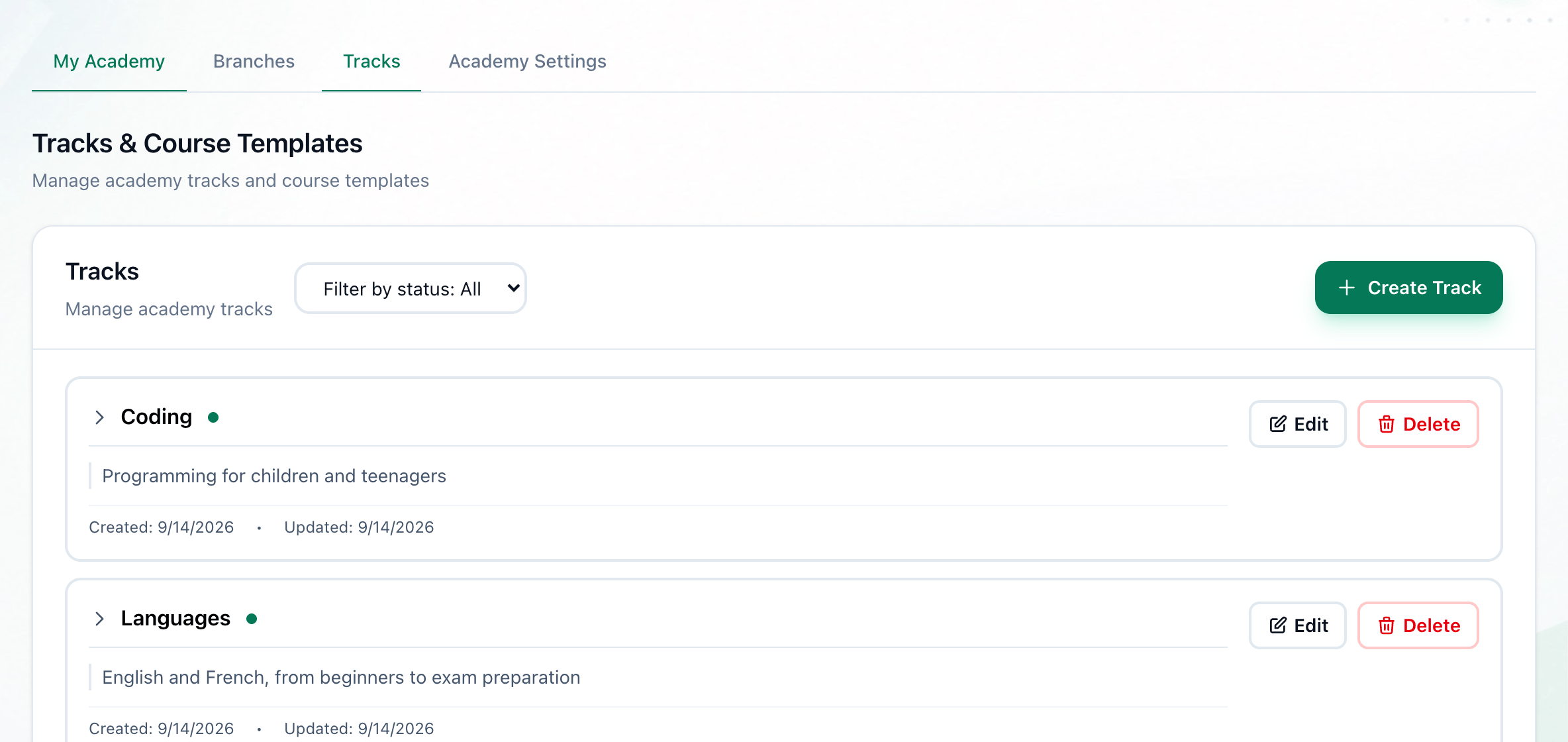 The Tracks & Course Templates page listing Coding, Languages and School subjects, with the Create Track button highlighted