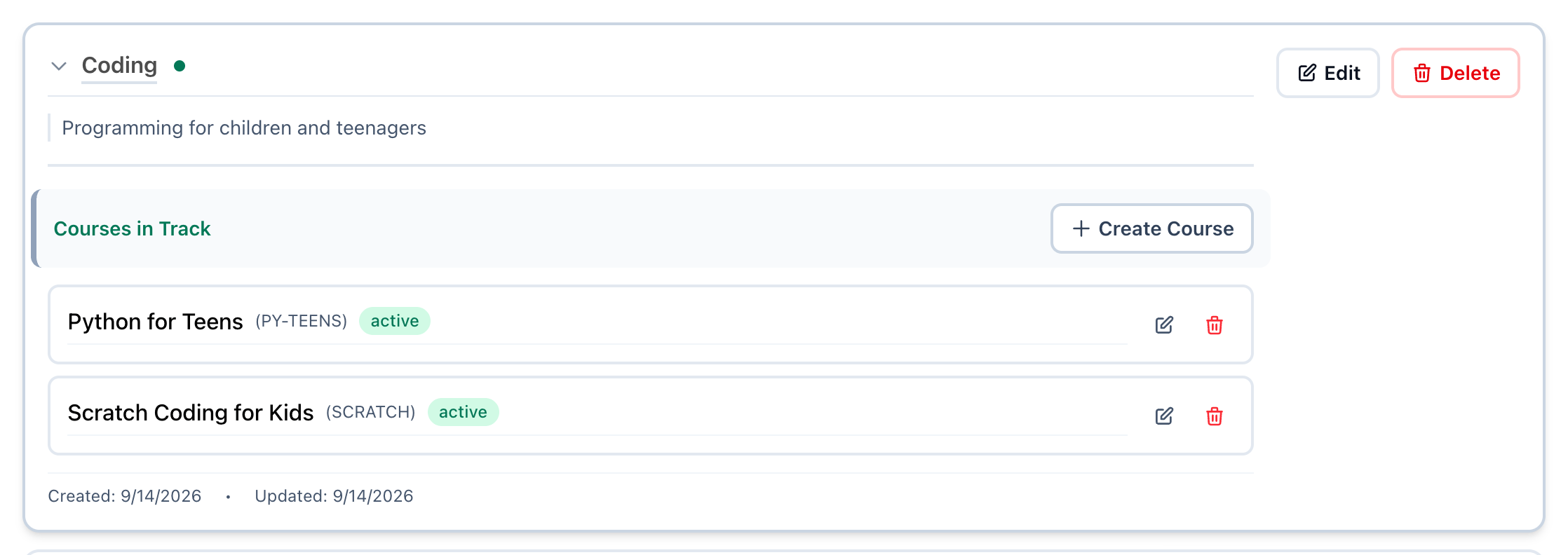 The Coding track opened to show its courses, with the arrow beside its name and the Create Course button highlighted