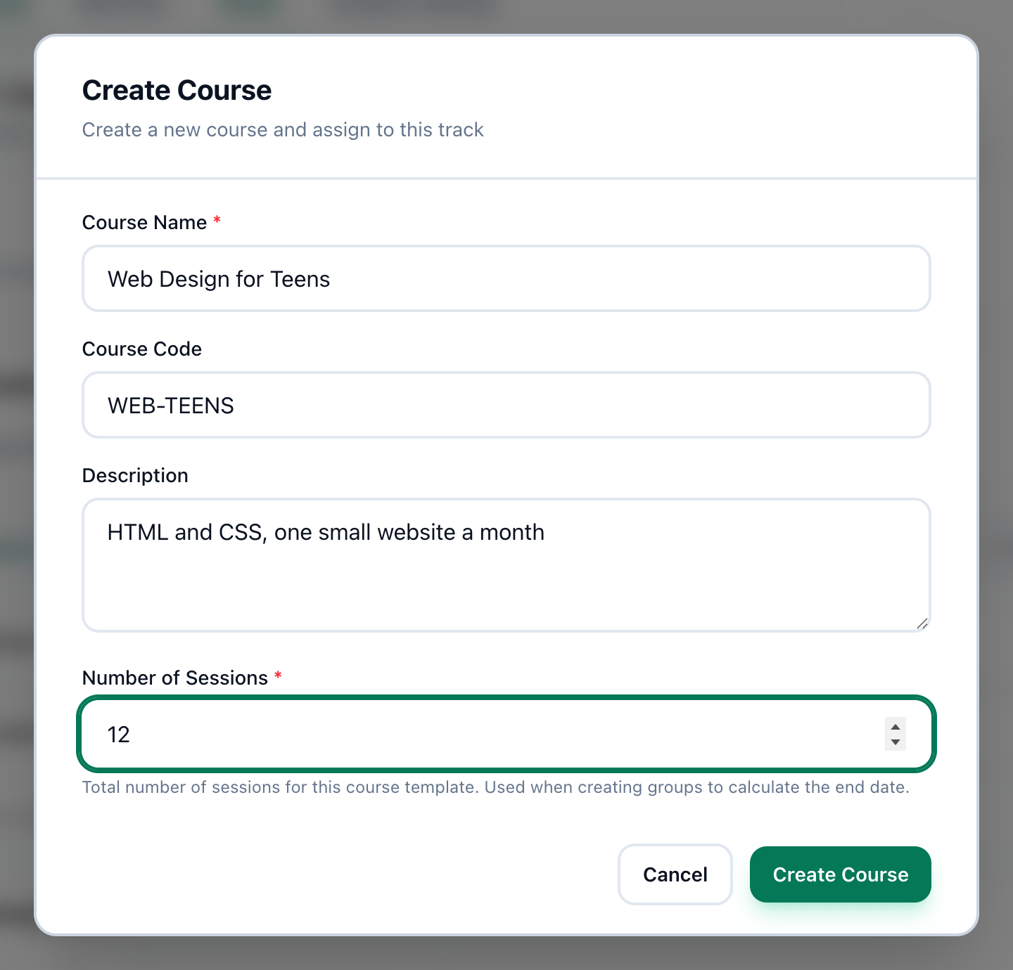 The Create Course dialog filled in for Web Design for Teens, with its fields and the Create Course button highlighted