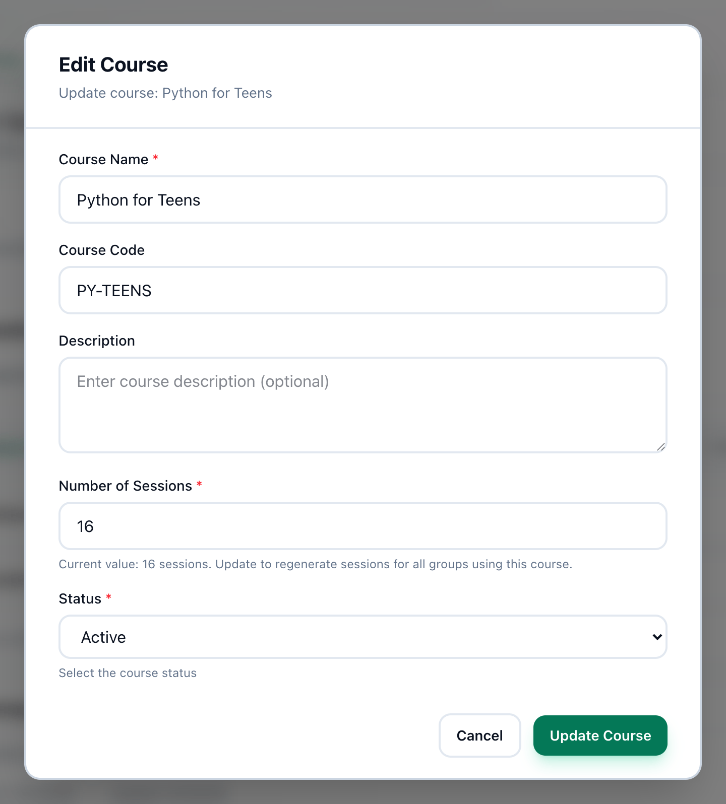 The Edit Course dialog, with Number of Sessions and the note under it, the Status field and the Update Course button highlighted