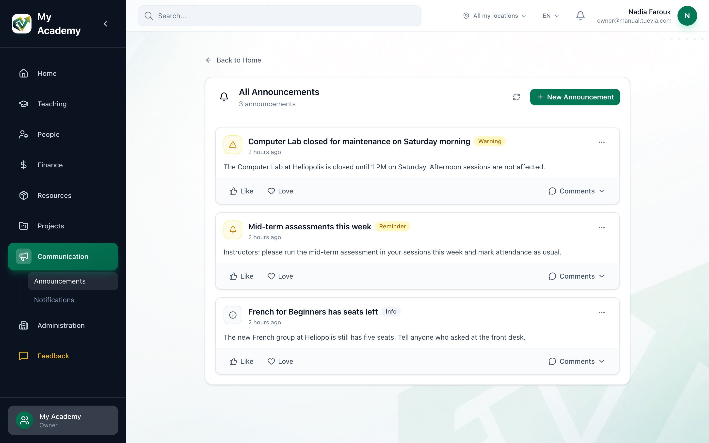 The Announcements page, with the first announcement's title, its Like and Love buttons and its Comments button highlighted