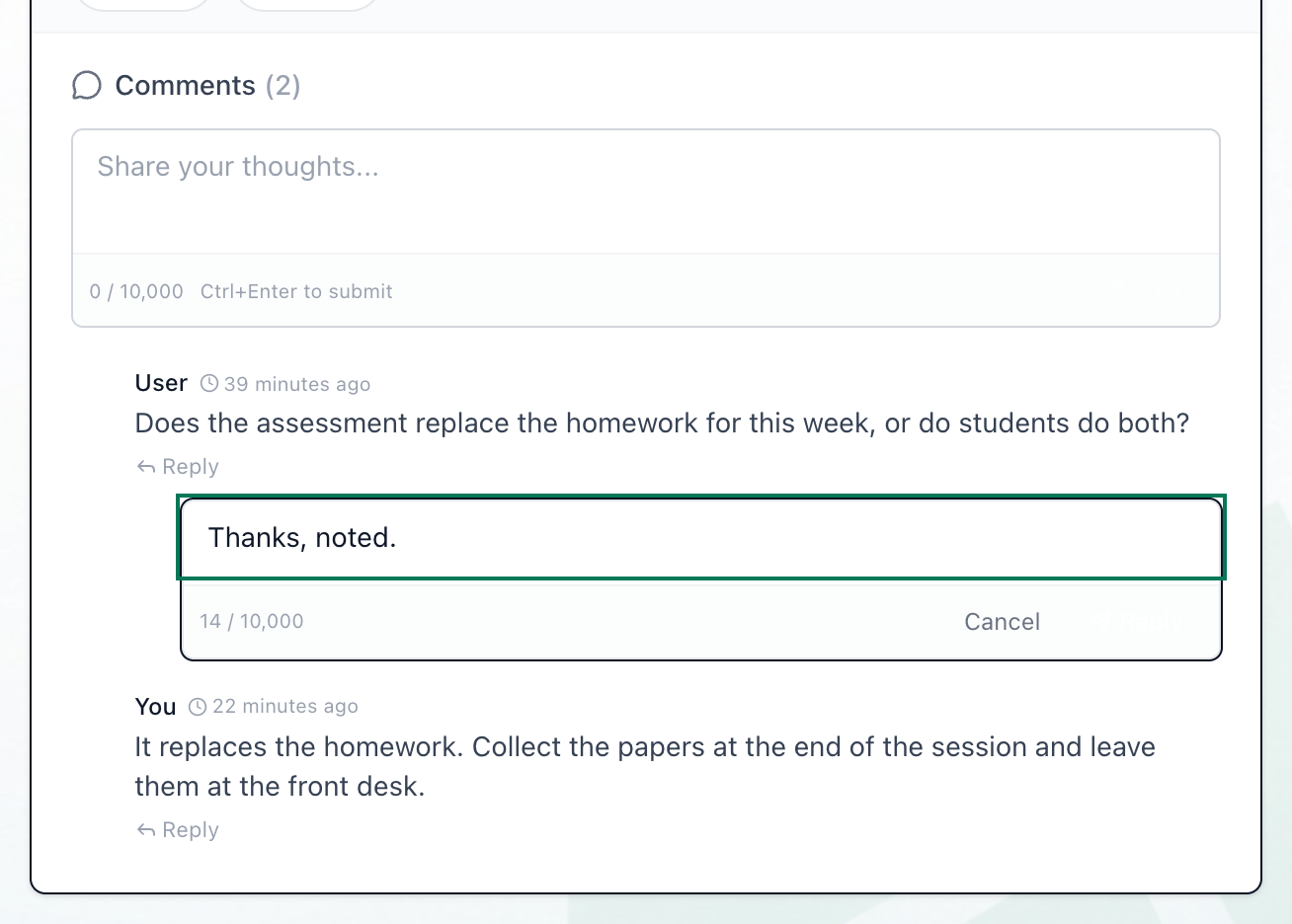 The comments on an announcement, with the Reply link under a comment, the reply box that opened and its Reply button highlighted