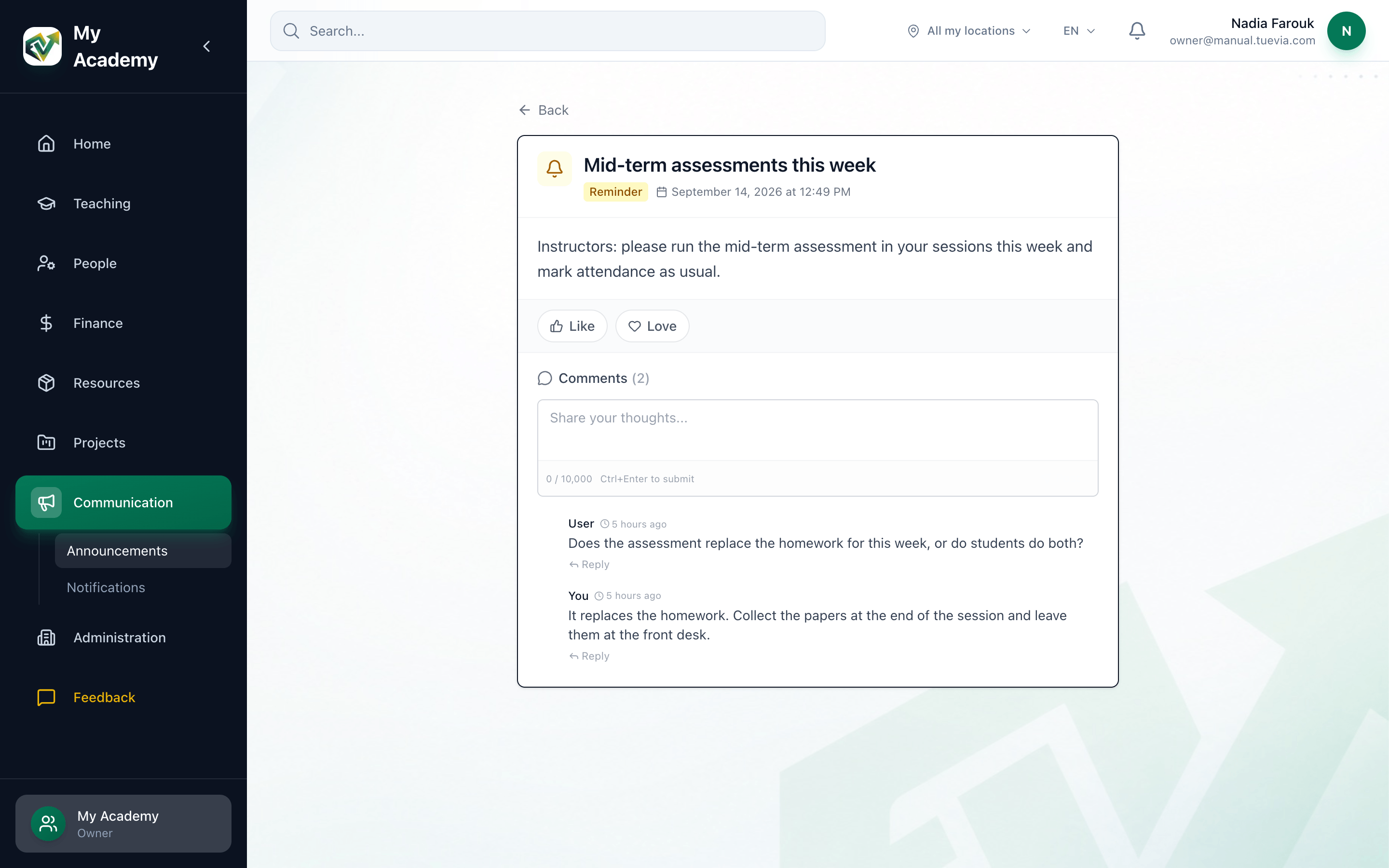 An announcement on its own page, with its Like and Love buttons, the comment box and a comment with a reply highlighted