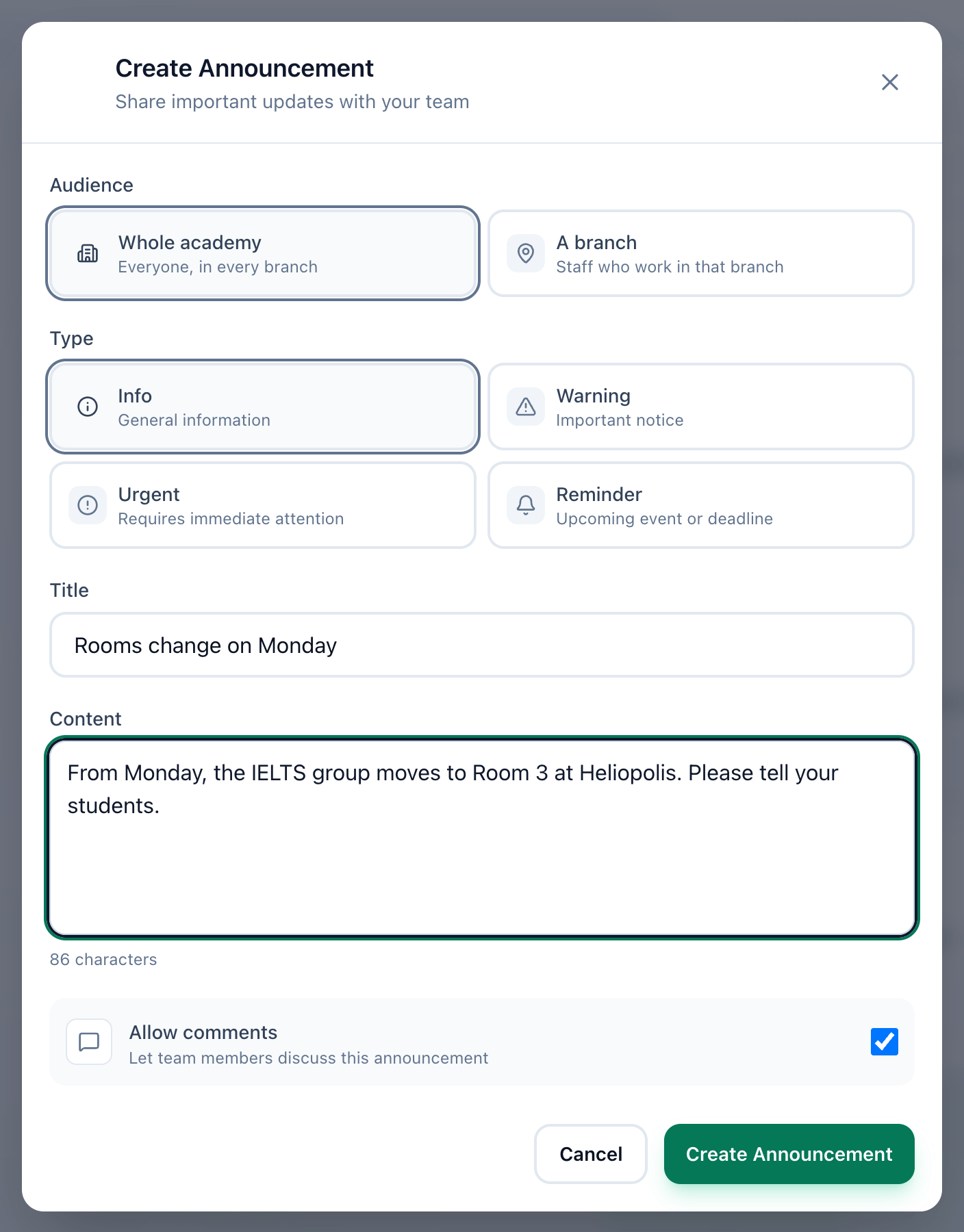 The Create Announcement window with a title and message typed in, and its Audience, Type, Title, Content and Allow comments sections and the Create Announcement button highlighted