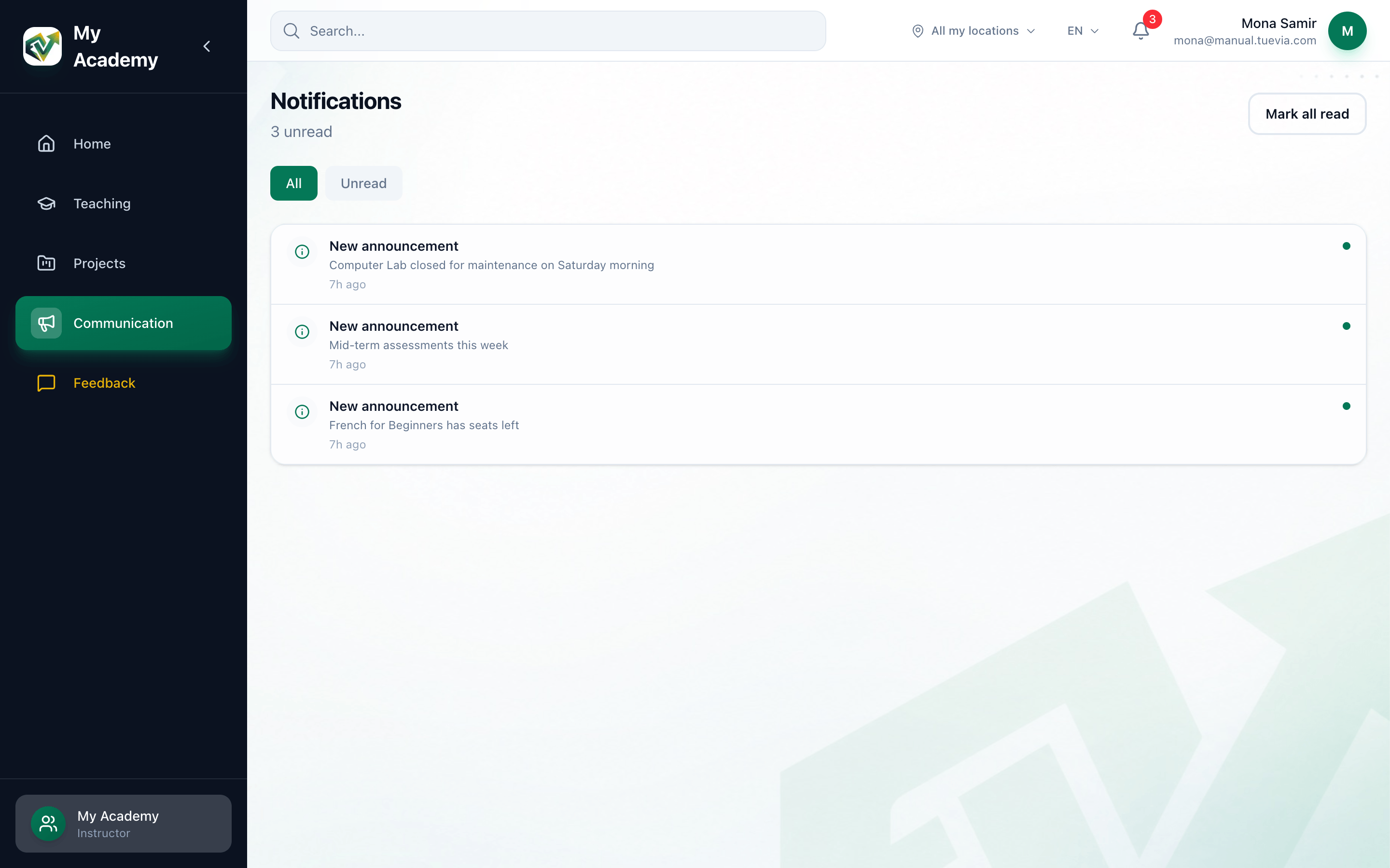 An instructor's Notifications page with three unread notifications, with Communication in the sidebar, the Mark all read button, the All and Unread buttons and the first notification highlighted