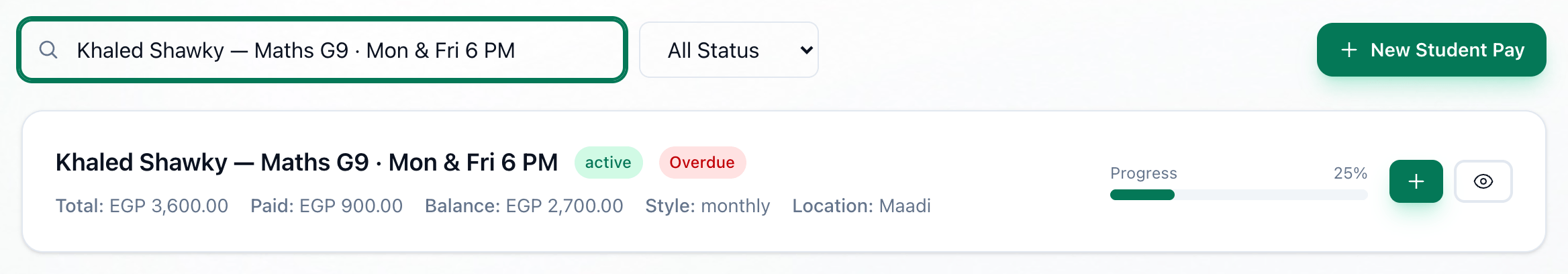 A fee agreement found by searching, with its eye button highlighted