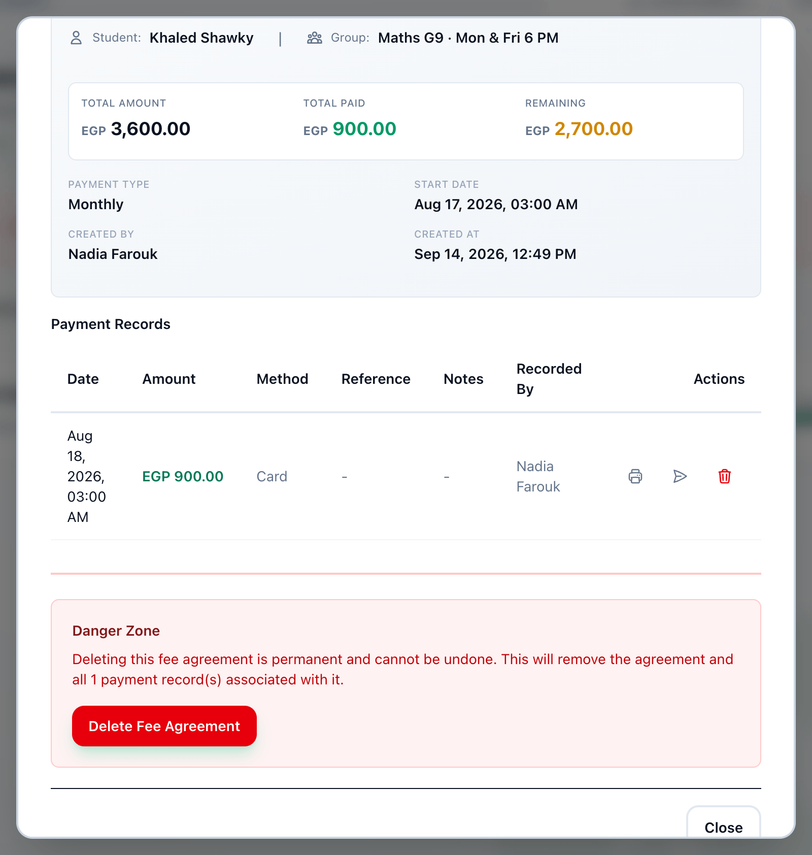 The Payment Records dialog, with the totals, and the print, send and delete buttons of a payment highlighted