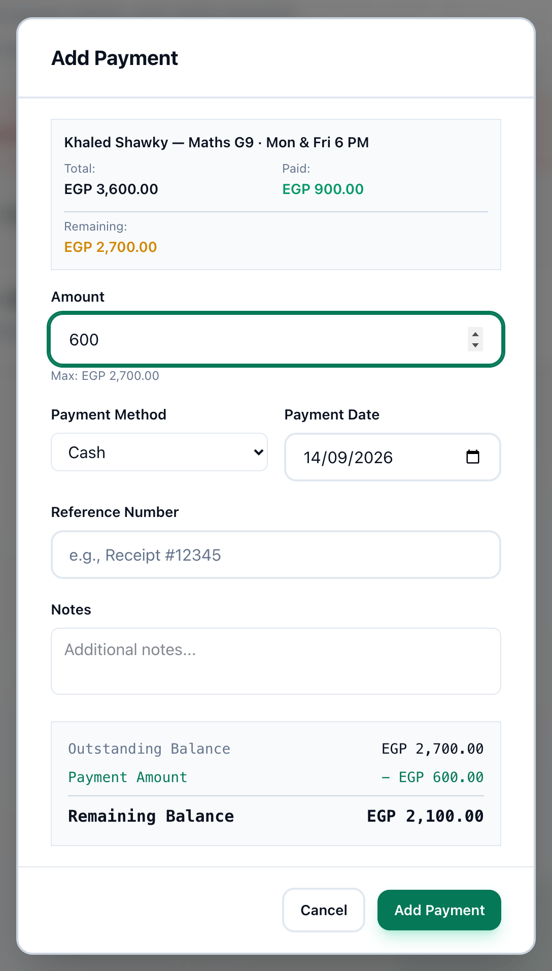 The Add Payment dialog with an amount entered, and the amount, payment method, date, reference and Add Payment button highlighted