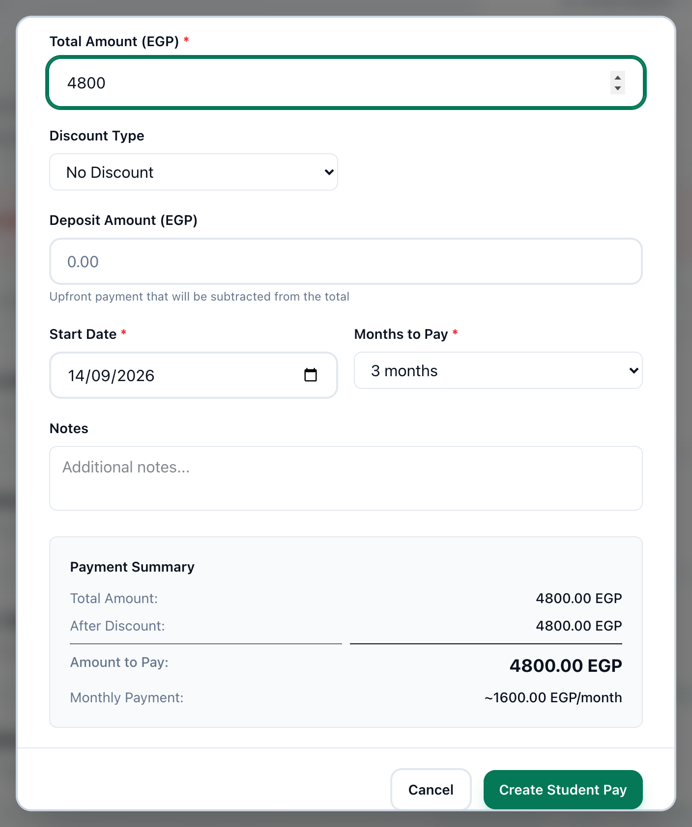 The lower part of New Student Pay, with Start Date, Months to Pay, the Payment Summary and the Create Student Pay button highlighted