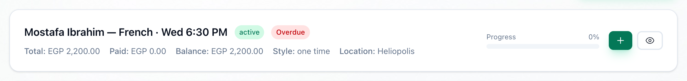 One fee agreement card with its status, the Overdue badge, the amounts, the progress bar and the two buttons highlighted