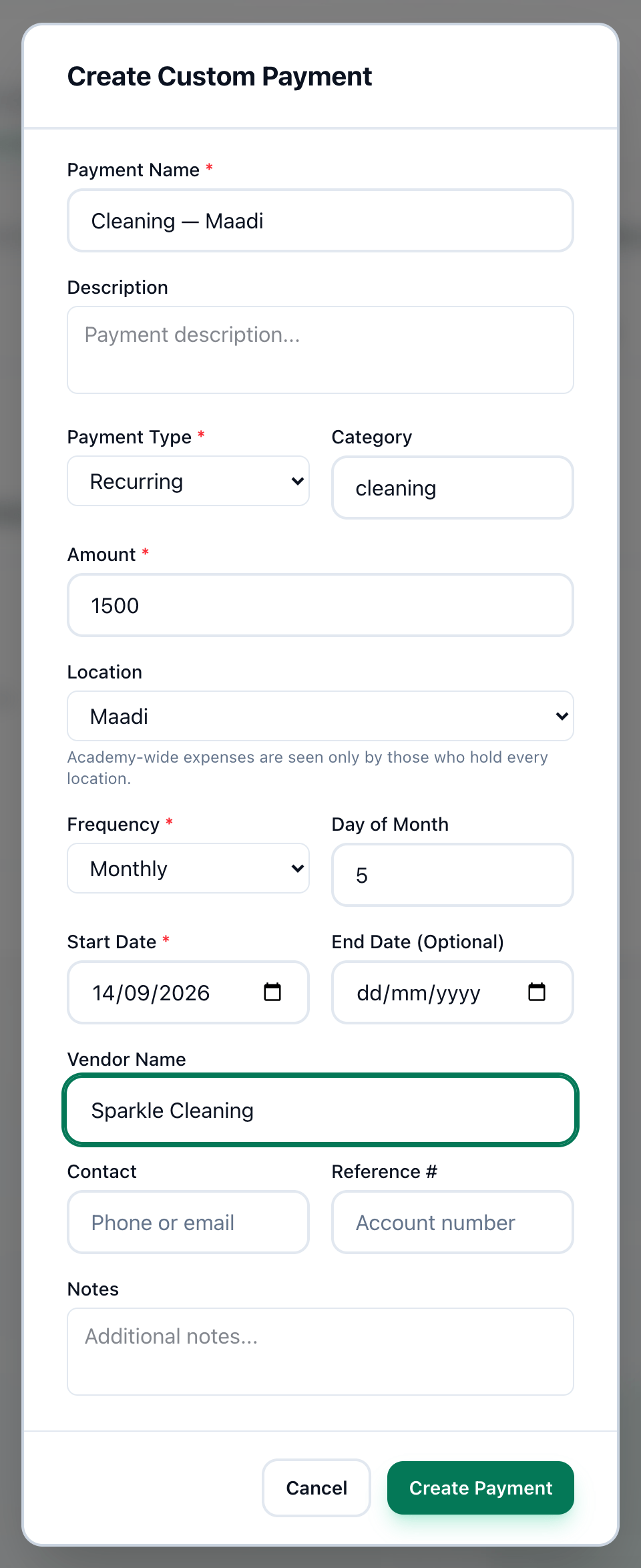 The Create Custom Payment dialog filled in for a monthly expense, with its fields and the Create Payment button highlighted