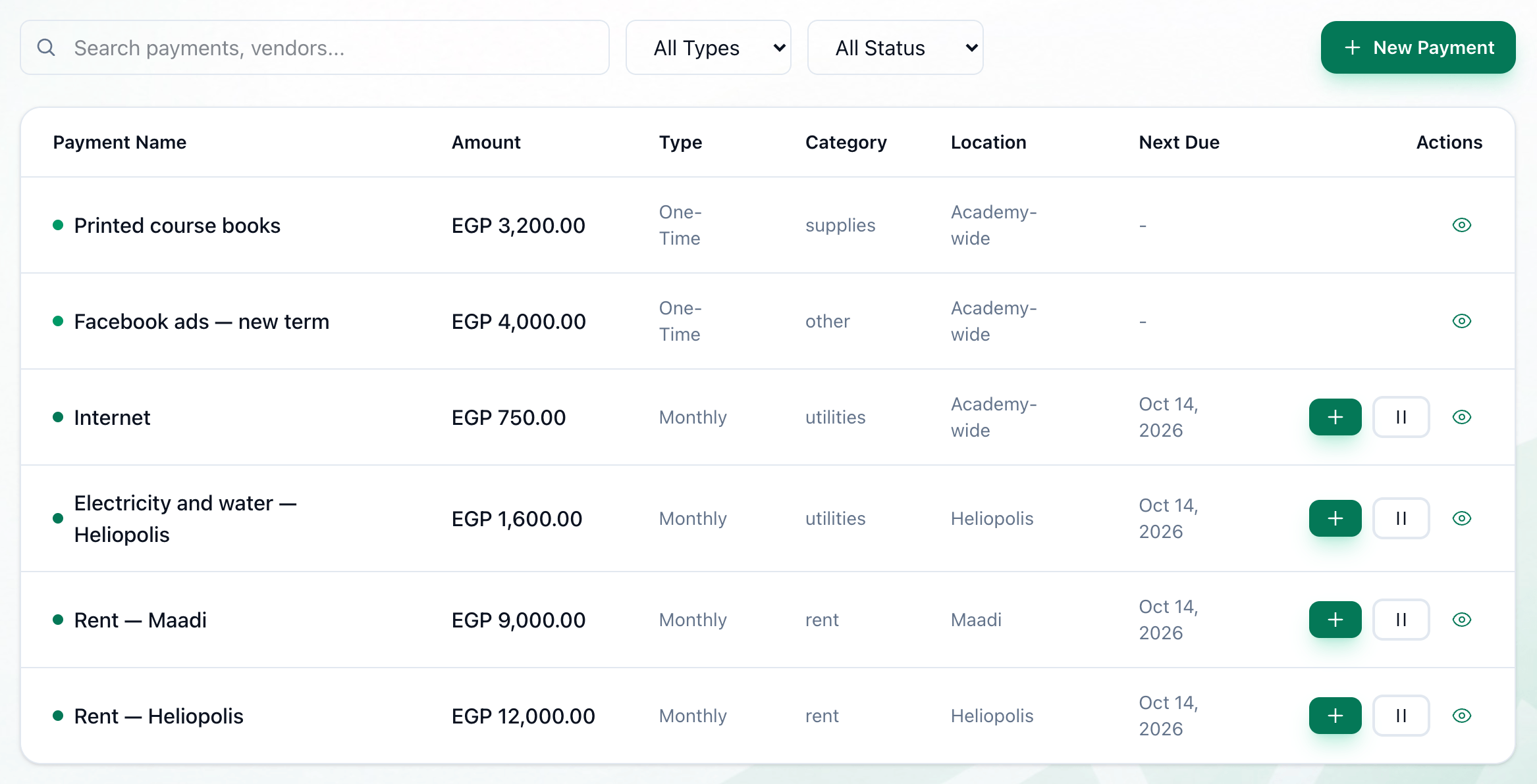 The Payments page, with the search box, the type and status filters and New Payment highlighted