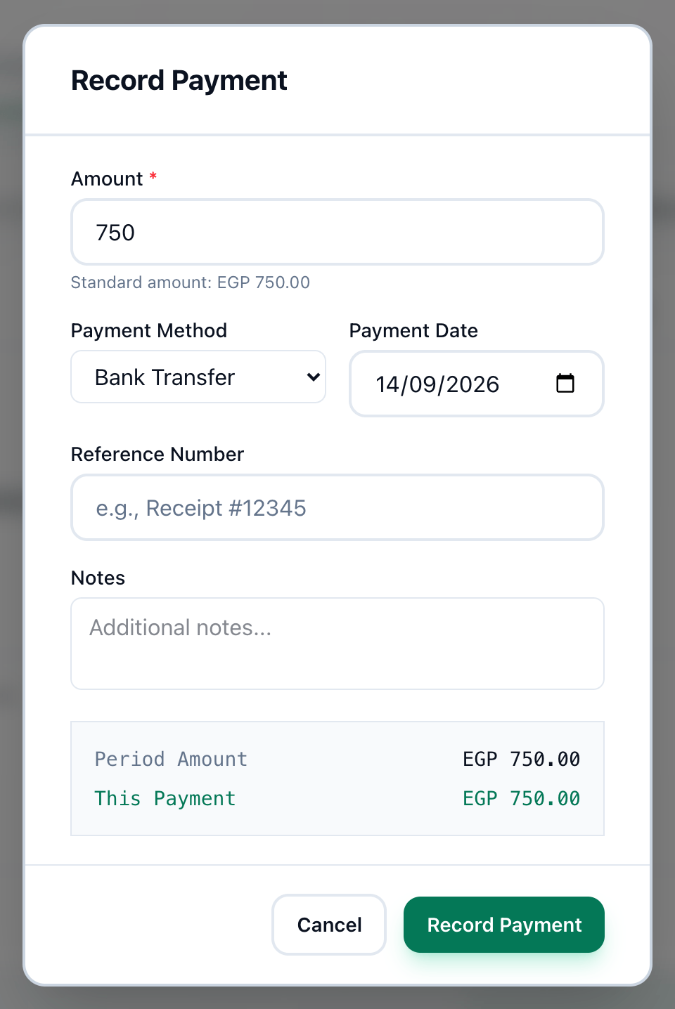 The Record Payment dialog with the amount, method, date, reference and Record Payment button highlighted
