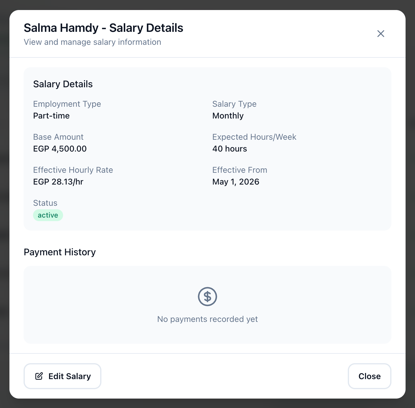 An employee's Salary Details, with the Payment History table highlighted