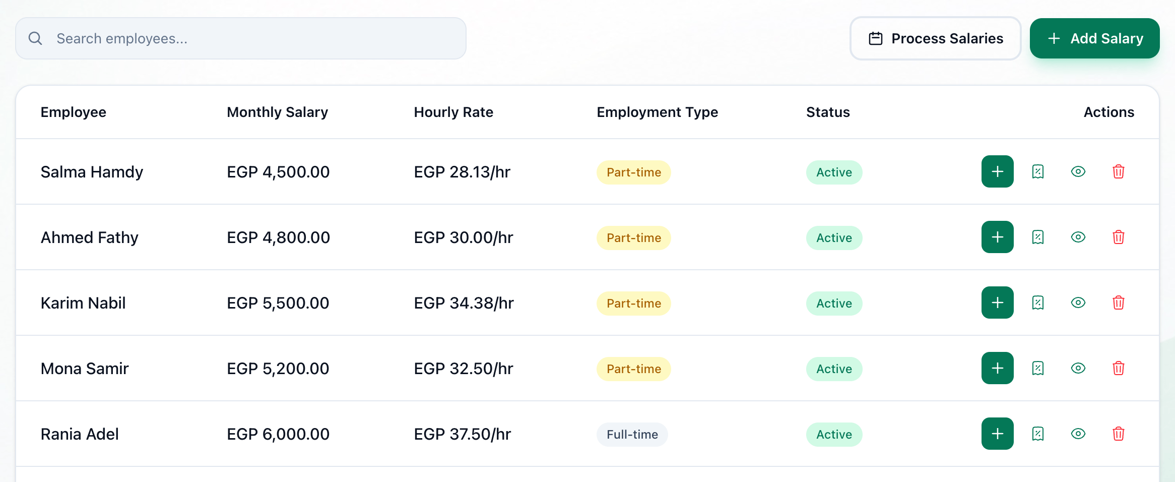 The Salaries page, with Add Salary and the four buttons of the first employee's row highlighted