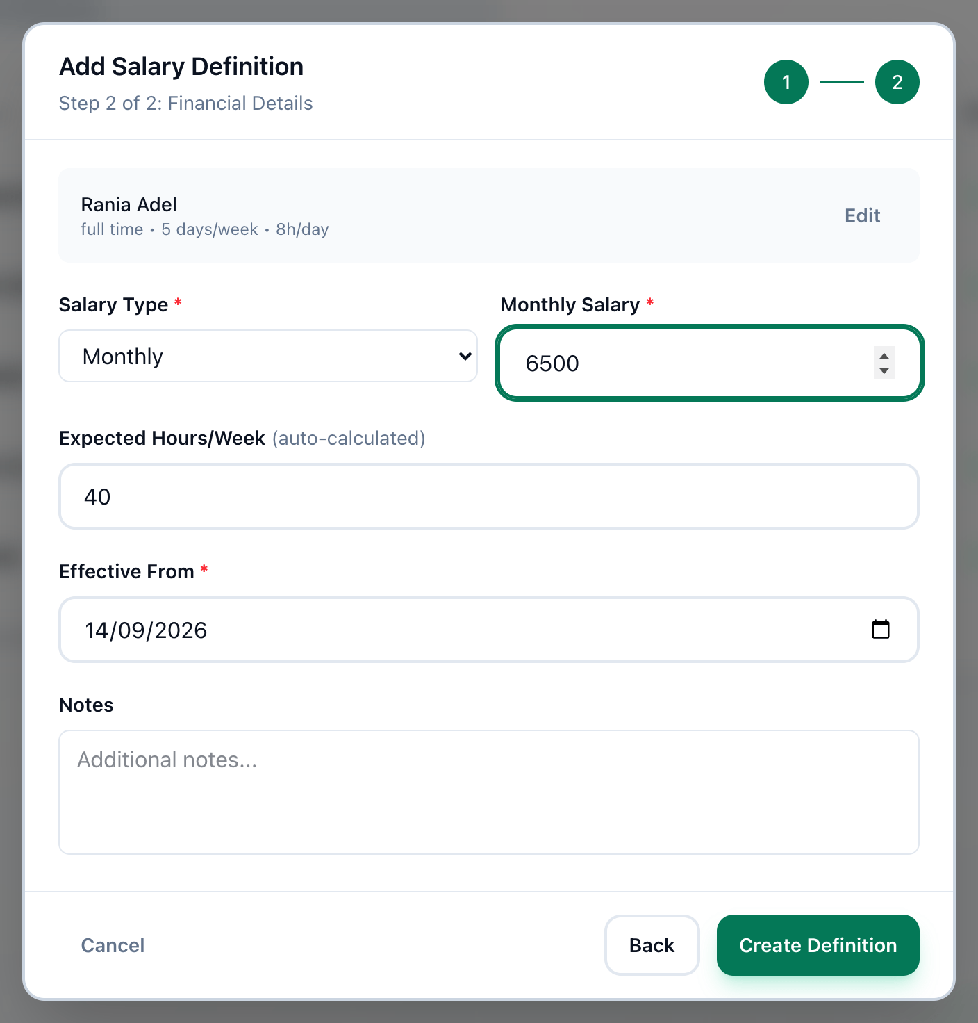 Step 2 of Add Salary Definition, with salary type, amount, expected hours, effective date and Create Definition highlighted
