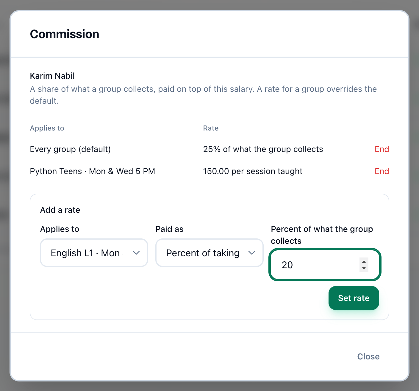 The Commission dialog listing an employee's rates, with the rates table and the fields and button for adding a rate highlighted