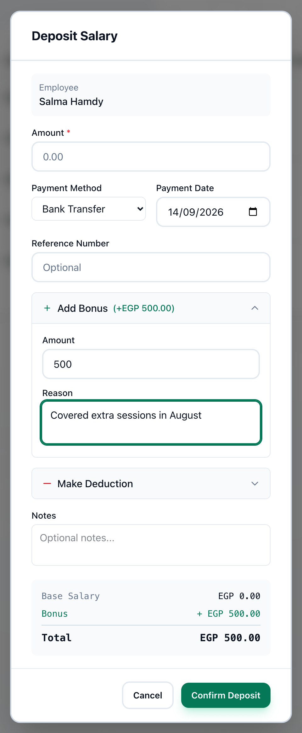 The Deposit Salary dialog with a bonus added, and the amount, method, date, reference, bonus, deduction, summary and Confirm Deposit highlighted