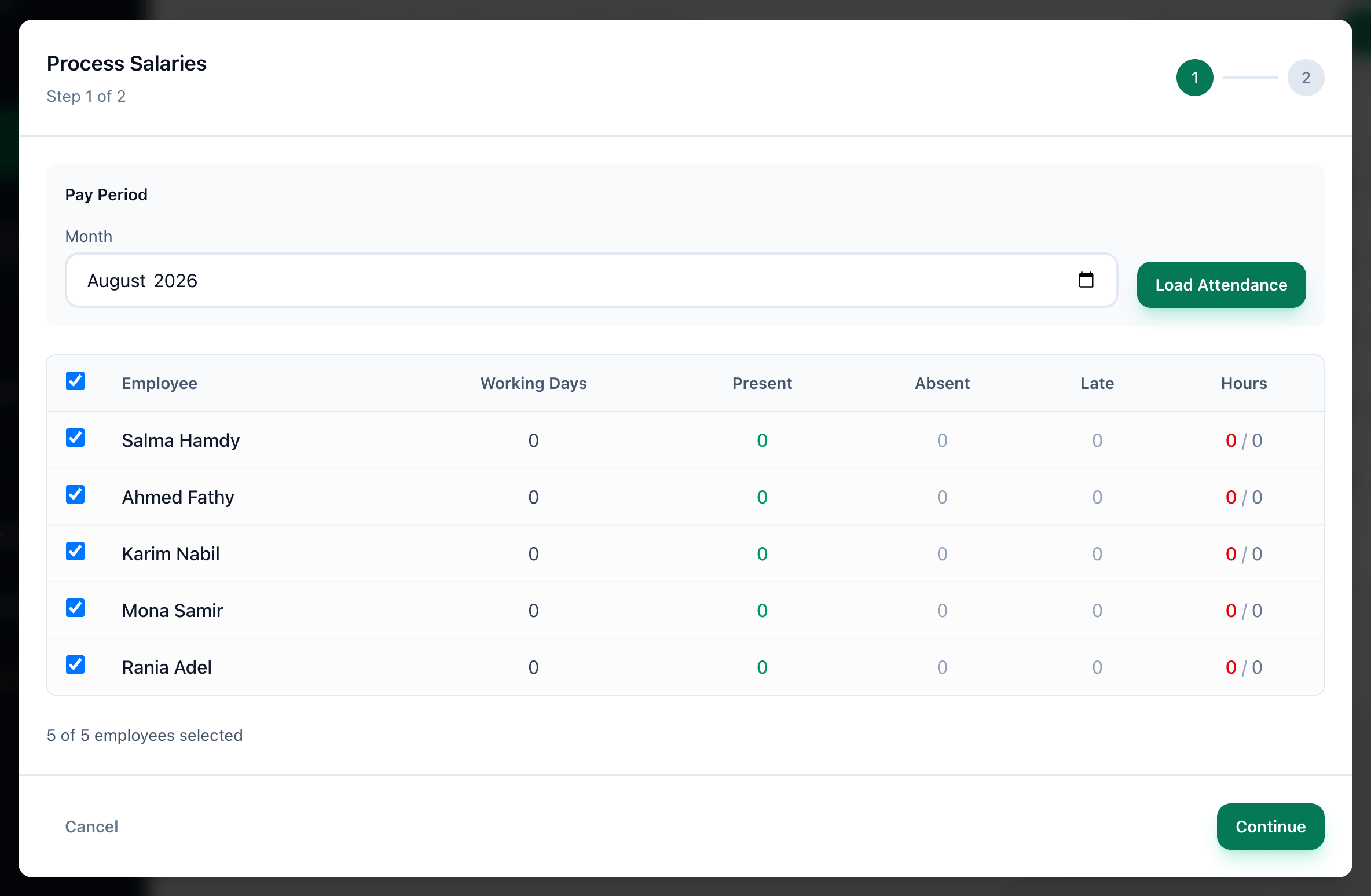 Step 1 of Process Salaries, with the month, Load Attendance, the attendance table and Continue highlighted