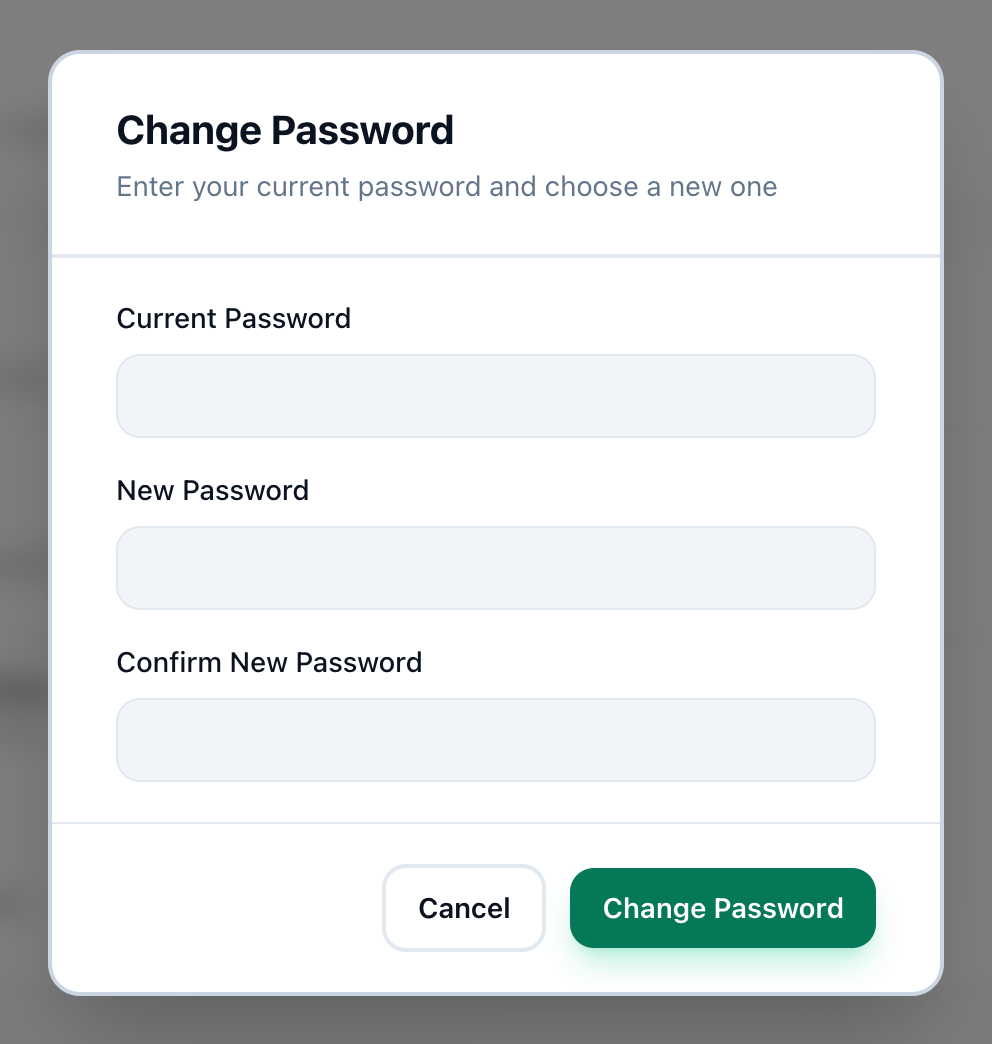 The Change Password dialog, with its three fields and the Change Password button highlighted