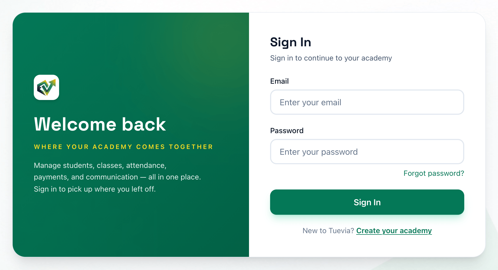 The sign-in form for My Academy, with the email and password fields and the Sign In button highlighted