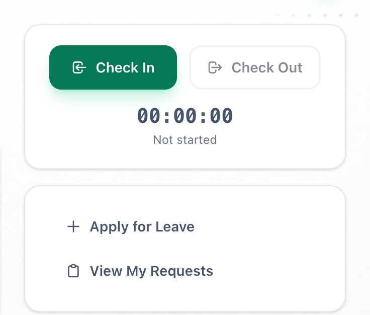 The leave buttons under the check-in card on Home, with Apply for Leave highlighted