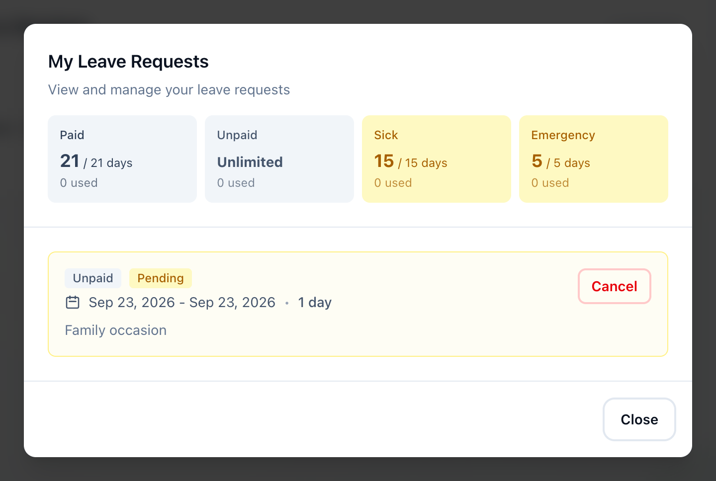 The My Leave Requests dialog, with the days left for each leave type and the Cancel button of a pending request highlighted