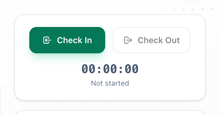 The check-in card before checking in, with the Check In and Check Out buttons and the clock highlighted