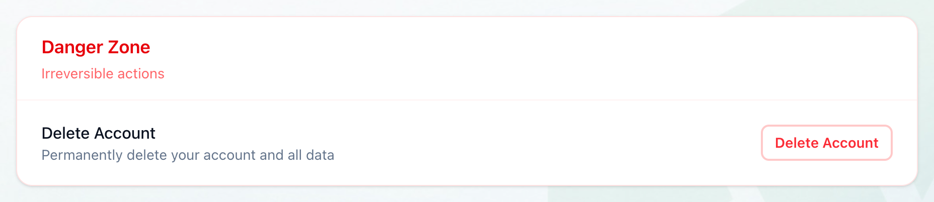 The Danger Zone section at the bottom of Settings, with the Delete Account button highlighted