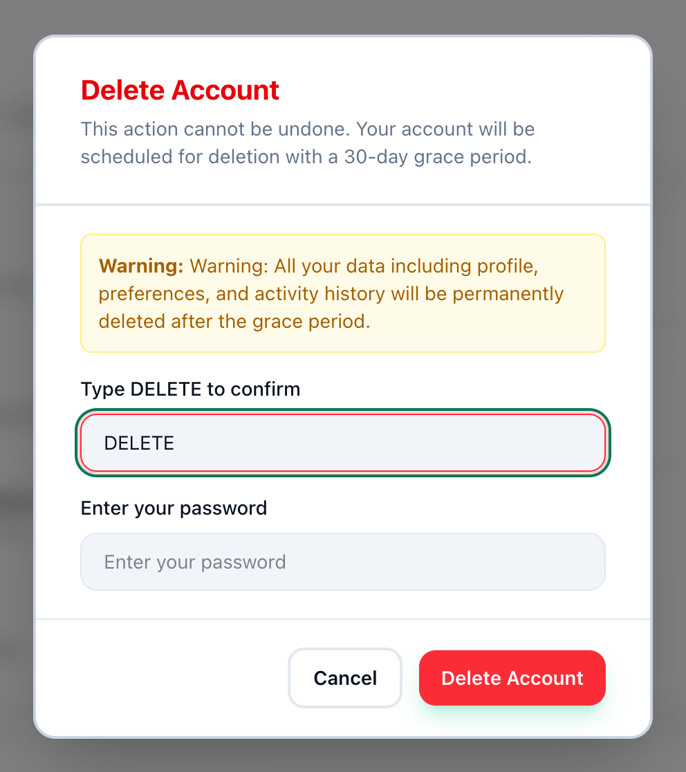 The Delete Account dialog with DELETE typed in, and the confirmation field, the password field and the Delete Account button highlighted