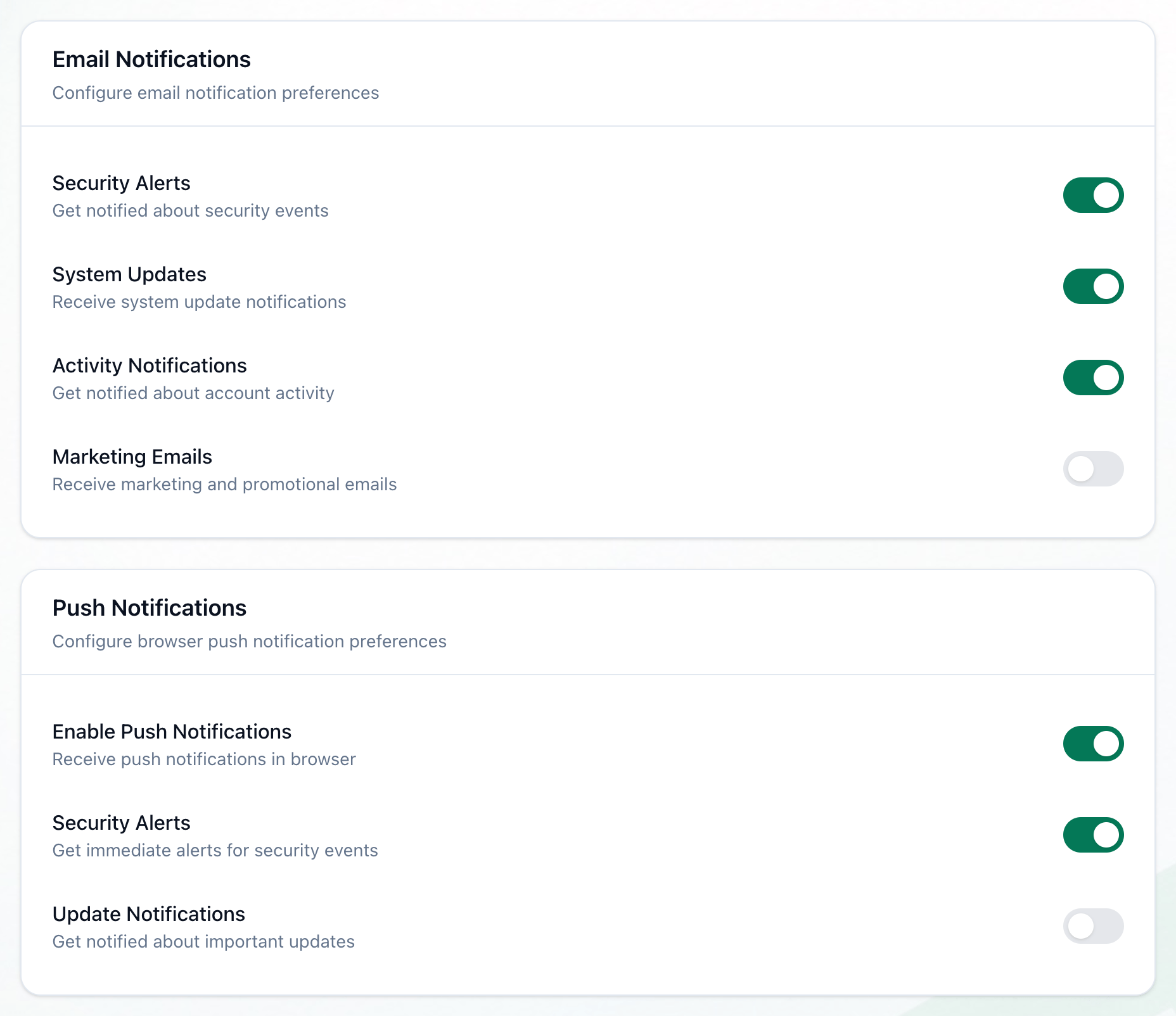The Email Notifications and Push Notifications sections of Settings, each highlighted