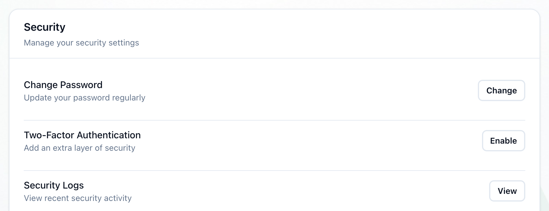 The Security section of Settings, with the View button of Security Logs highlighted