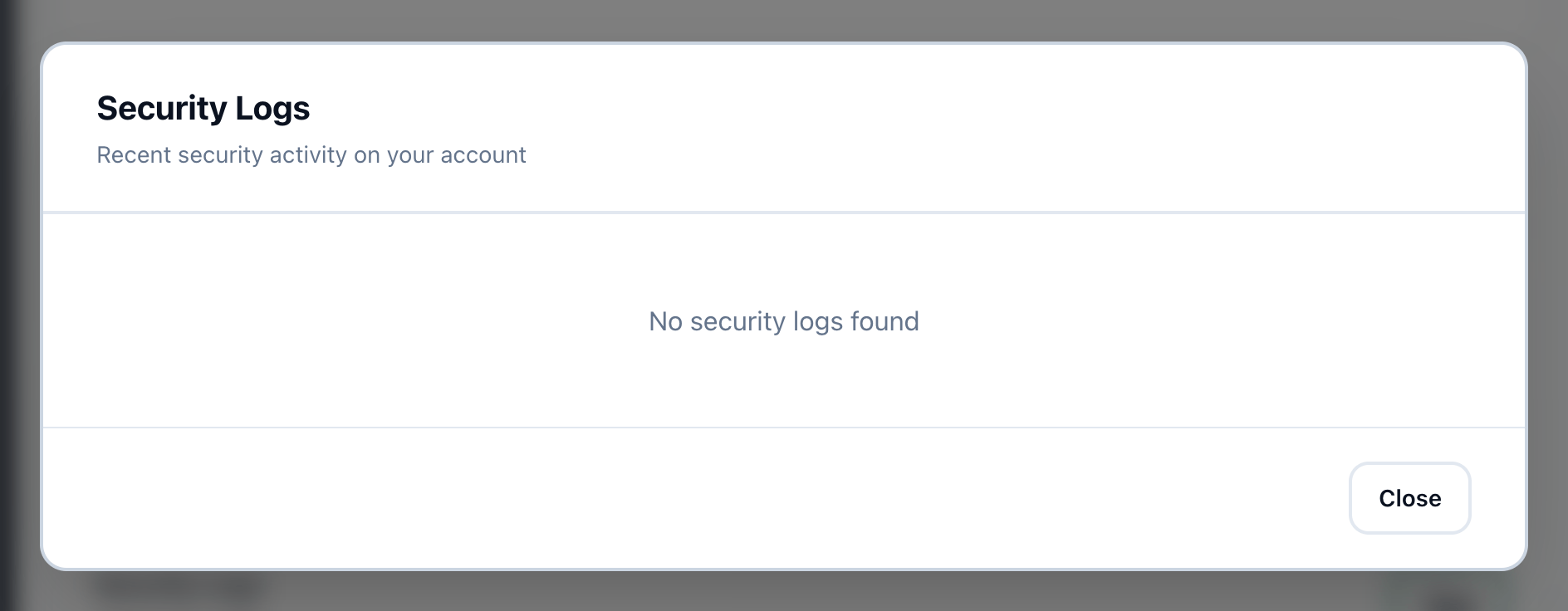 The Security Logs dialog, listing recent activity on the account