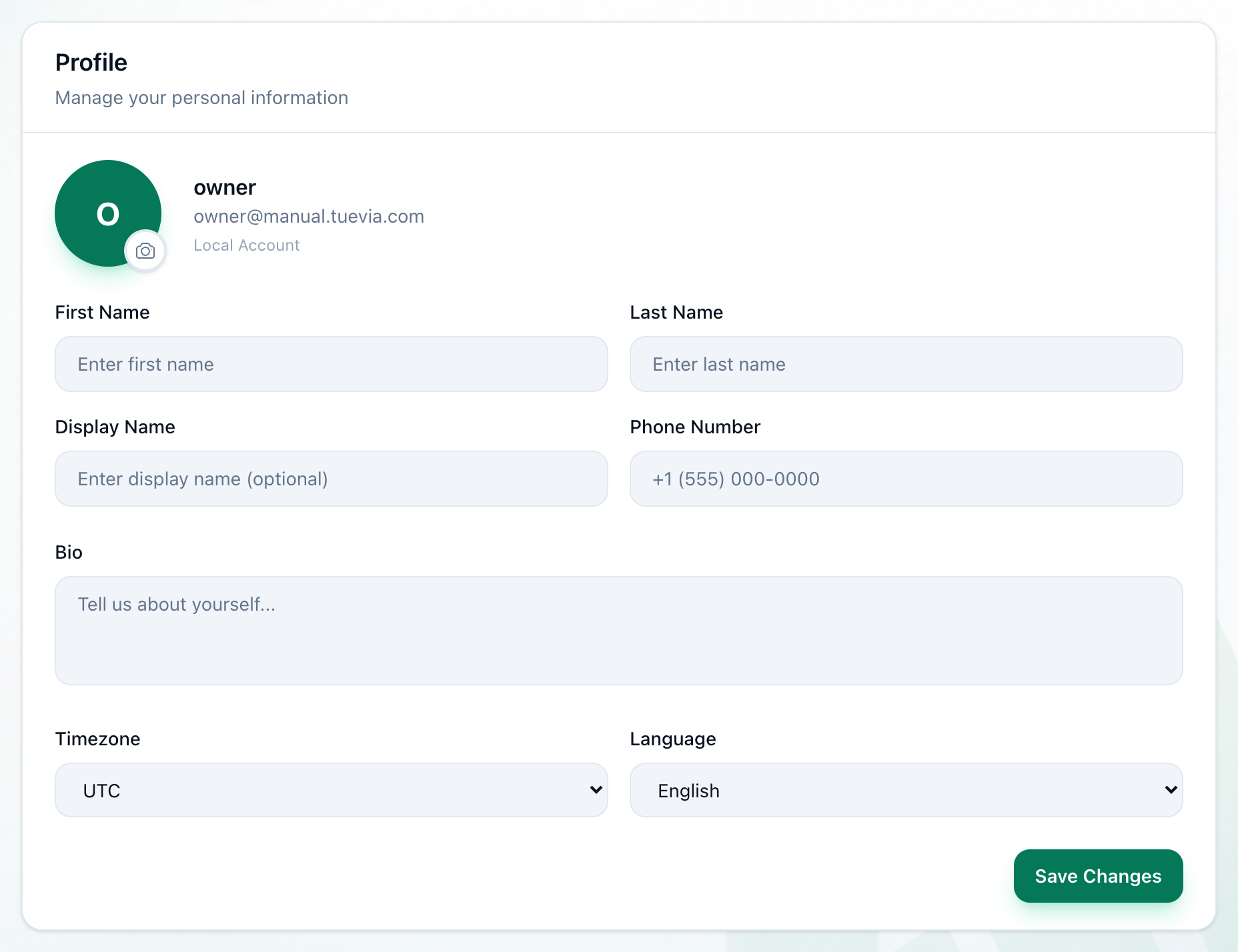 The Profile section of Settings, with each field and the Save Changes button highlighted