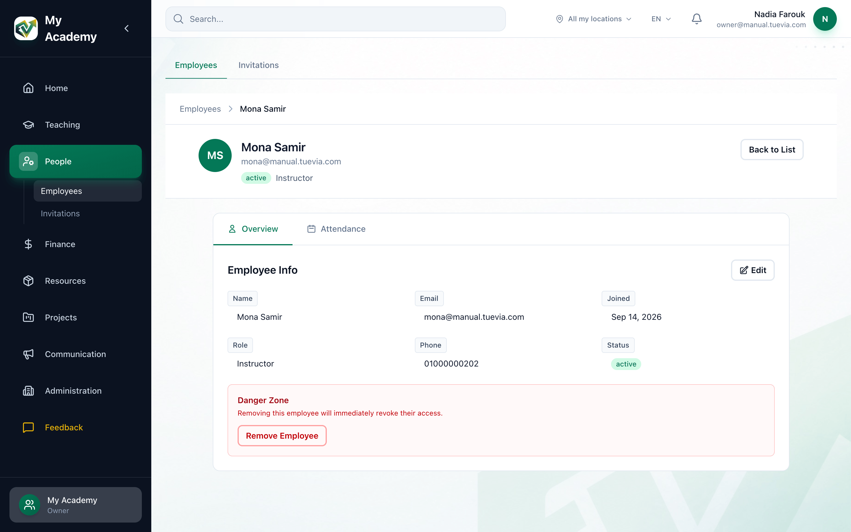 An instructor's profile on the Overview tab, with the employee information, the Attendance tab and the Danger Zone highlighted
