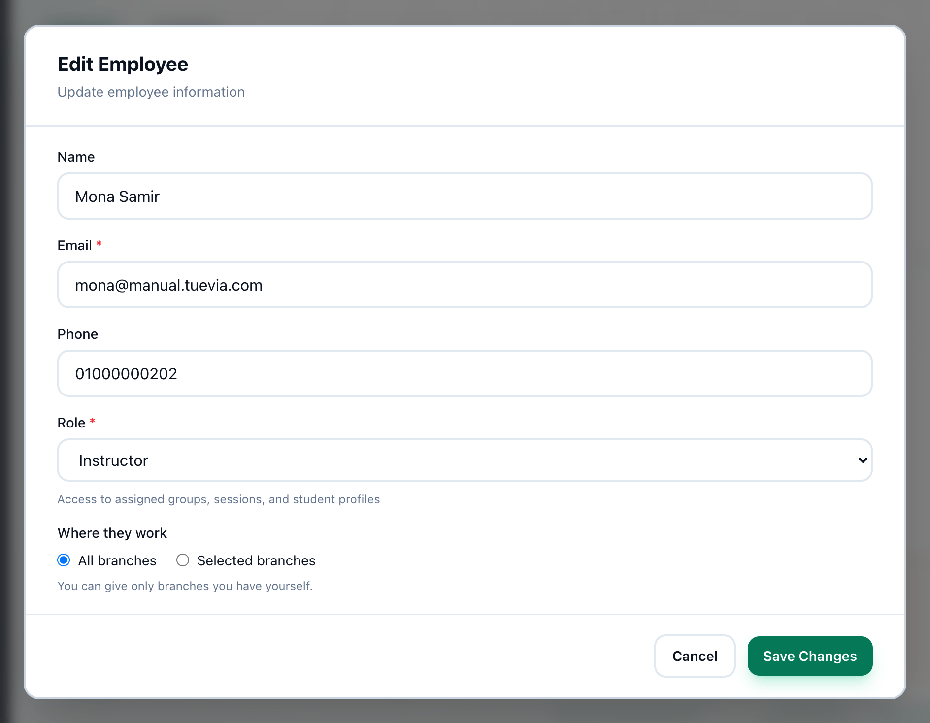 The Edit Employee dialog, with the Role list and the Save Changes button highlighted